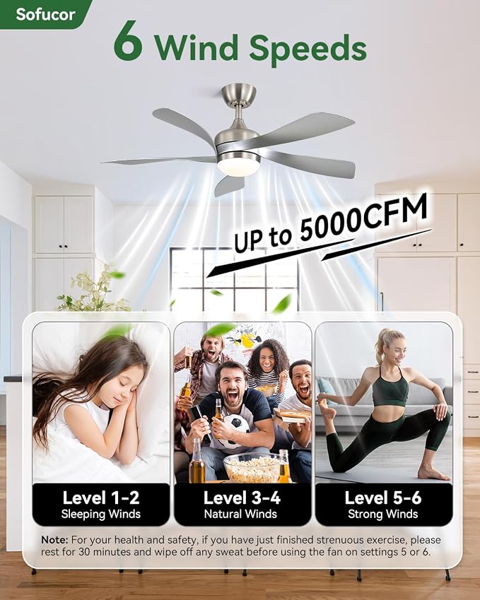 Sofucor 42 Inch Ceiling Fan with Lights and Remote, Indoor/Outdoor Ceiling Fan with Light 6-Speed 3 CCT 3-Timer, Low Profile White Ceiling Fan 5 Blade Quiet DC Motor for Bedroom Living Room Patio