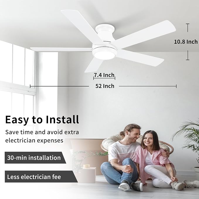 POCHFAN 52 Inch White Ceiling Fans with Lights and Remote,LED Low Profile Flush Mount Ceiling Fan for Bedroom,Living Room, with Quiet DC Motor,Dimmable 6 Speeds