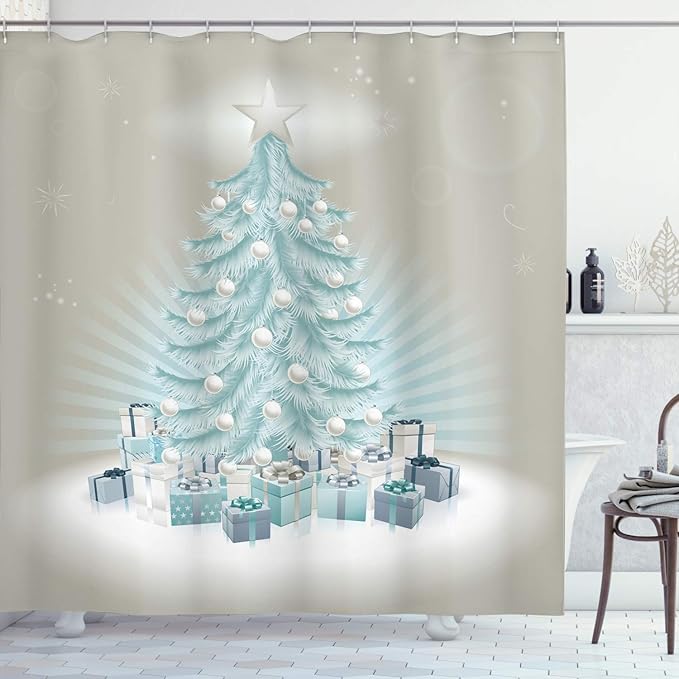 Ambesonne Christmas Shower Curtain, Merry Xmas Themed Fir Tree with Ornate Tree Topper and Baubles, Cloth Fabric Bathroom Decor Set with Hooks, 69" W x 84" L, Mint Green Slate Blue
