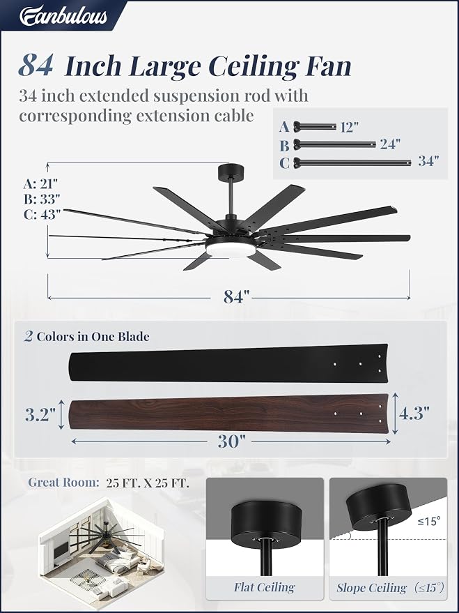 84 Inch Industrial Ceiling Fans with Lights, Large Ceiling Fan with Quiet DC Motor, 10 Reverisble Dual-Color Blades, 3CCT,6 Speeds,Black Commercial Indoor/Outdoor Ceiling Fans for Patios/Garage/Porch