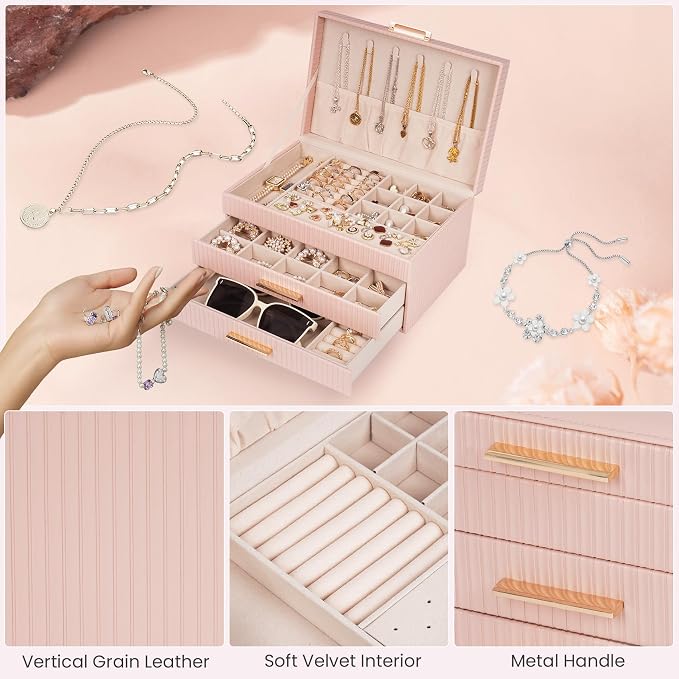 Dajasan Jewelry Box Organizer, 3-Tier Jewelry Storage Organizer with 2 Drawers, Large Jewelry Box for Girls Women, PU Leather Surface with Texture, Gift Idea, Modern Style (Pink)