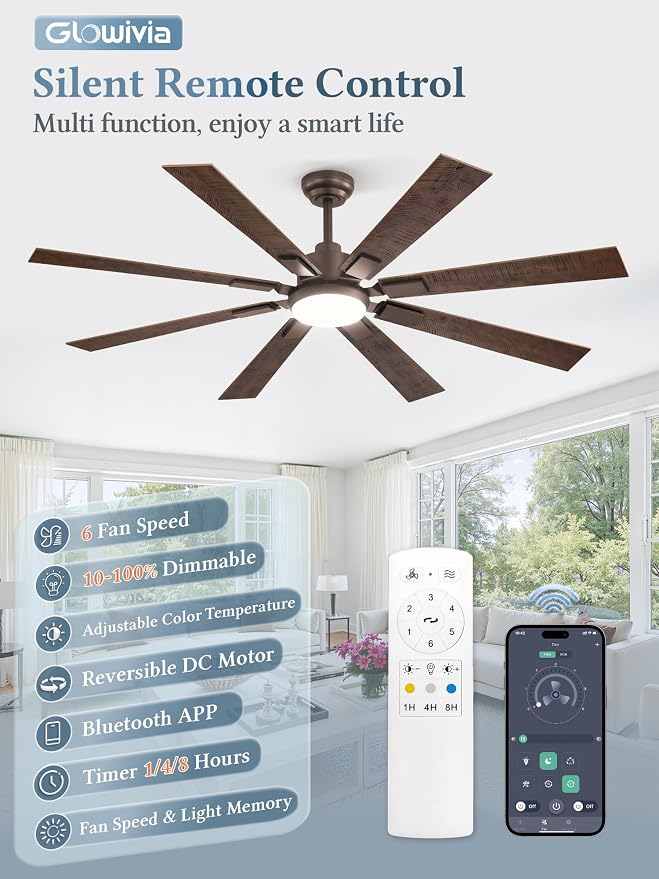 65 Inch Ceiling Fans with Lights and Remote&APP Control, Bronze Smart Ceiling Fan with 3000-6000K Dimmable, 6 Speeds Quiet Reversible Motor, Indoor/Outdoor Ceiling Fan for Living Room Bedroom
