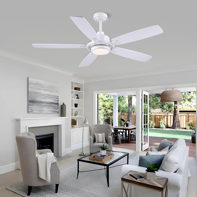 SHIHOT 54" White Modern Ceiling Fans with Lights&Remote for Bedroom Kitchen | 6 Wind Speeds, Reversible, Dimmable 3 Light Colors LED Light, 30W Noiseless DC Motor,5 Double-Sided Blades,2H Timer
