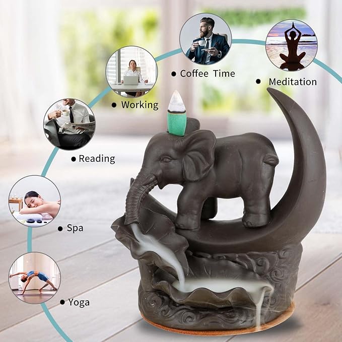YYW Elephant Backflow Incense Burner Holder Waterfall Incense Cones Burner with 20 Incense Cones,30 Incense Stick,1 Tweezer,1 Mat Gift for Aromatherapy Ornament Home Decor (Small Size)