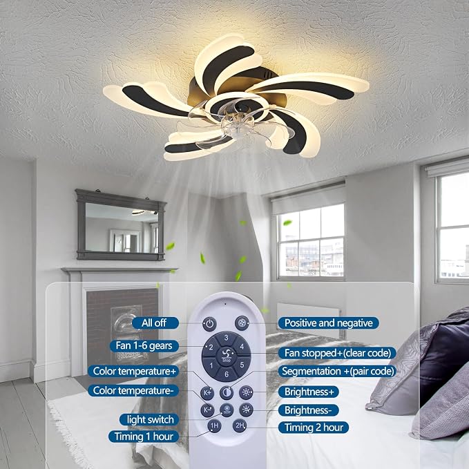 Dalouguan Ceiling Fan with Lights Remote Control, Black Flower 6 Speeds 3 Light Color Low Profile Flush Mount Ceiling Fan for Kitchen Bedroom