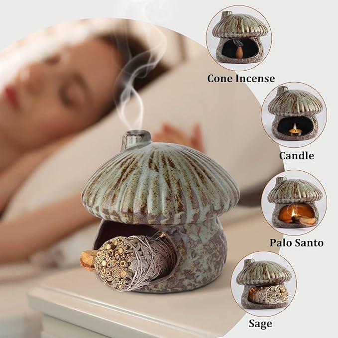 Palo Santo Holder Mushroom Shape, Ceramic Sage Holder for Burning Palo Santo Burner for Meditation, Yoga and Relaxation(Green)