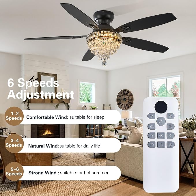 Crystal Ceiling Fan Fandelier with Lights-Ceiling Fans with Lights,54" Low Profile and Remote Control, Flush Mount, Reversible, Dimmable, Noiseless, Black Ceiling Fan for Bedroom