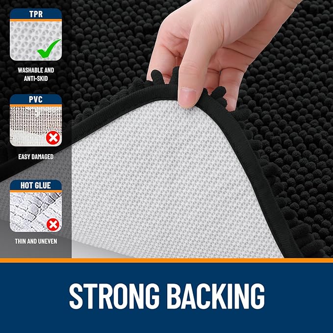 OLANLY Black Bathroom Rug 30x20, Extra Soft Absorbent Chenille Bath Rugs, Rubber Backing Quick Dry, Machine Washable Bath Mats for Bathroom Floor, Tub and Shower, Home Decor Accessories