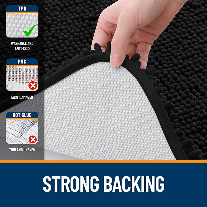 OLANLY Large Bathroom Rugs 50x30, Extra Soft Absorbent Chenille Bath Rugs, Rubber Backing Quick Dry, Machine Washable Bath Mats for Bathroom Floor, Tub and Shower, Home Decor Accessories, Black