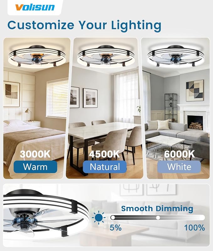 VOLISUN Low Profile Ceiling Fans with Lights and Remote, 24in Flush Mount Ceiling Fan with Light, 3000K-6500K Dimmable Fandelier LED Fan Light, Black Bladeless Ceiling Fans with Lights for Bedroom