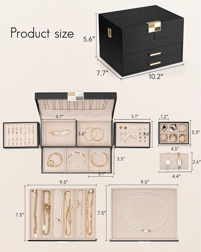 VLANDO 4 Layers Jewelry Box - Women Jewelry Box with Retractable Tray - Jewelry Organizer with Drawer for Necklaces, Rings, Bracelets, Earrings, Gift for Couples Mom Girls - Black