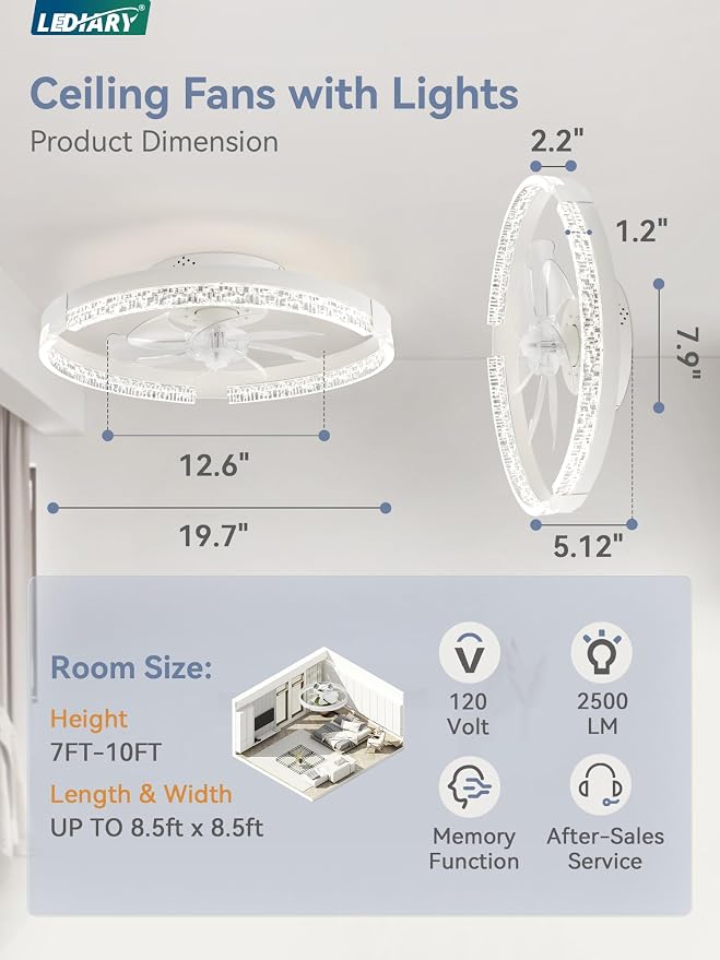 LEDIARY Flush Mount Ceiling Fan with Lights and Remote, 19.7'' Low Profile, 3000-6000K Dimmable Fandelier, 6 Wind Speeds, White Modern LED Fan Light for Bedroom