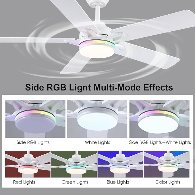 Kviflon 52 Inch Ceiling Fans with Lights, Modern RGB Ceiling Fans, White Ceiling Fan with Light for Bedroom Living Room, Remote/APP Control, Reversible Quiet DC Motor, Dimmable LED, Wooden Blades