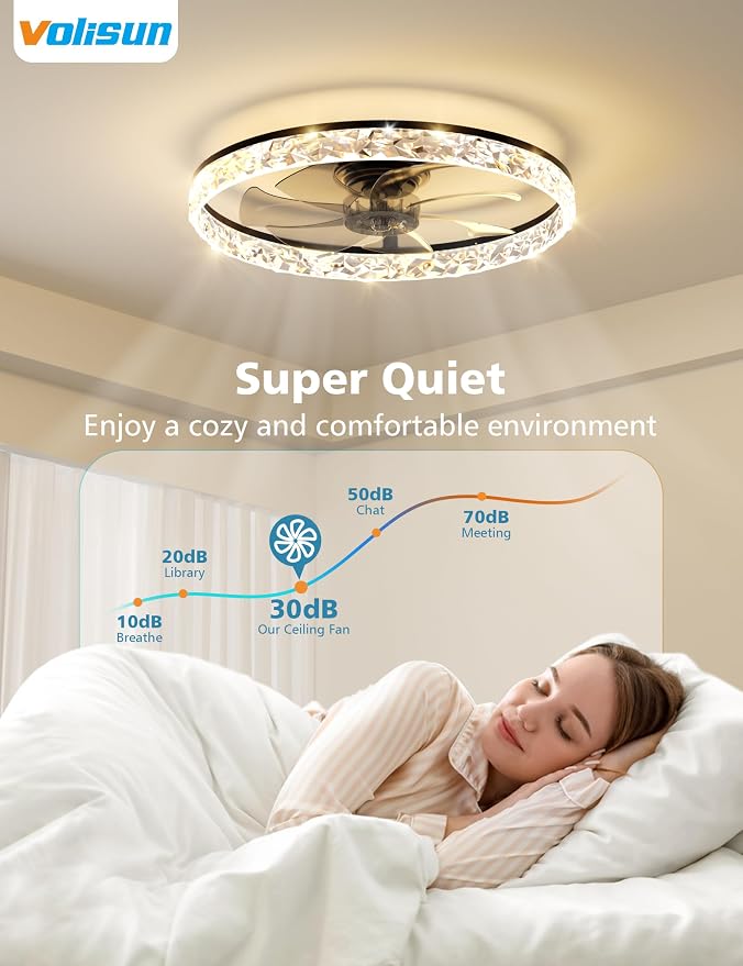 VOLISUN Low Profile Ceiling Fan with Lights and Remote, No Assembly, 24in Modern Ceiling Fans Flush Mount, 3000K-6500K Dimmable Bladeless LED Fan Light, Black Fandelier Ceiling Fans for Bedroom