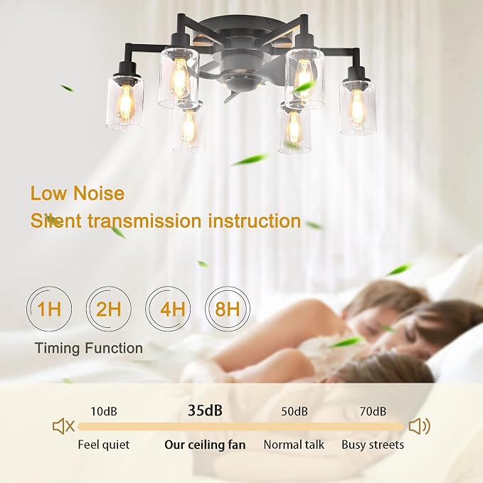 Garwarm 26IN Ceiling Fans with Lights, Black Flush Mount Ceiling Fan with Lights Remote Control,Low Profile Bladeless Ceiling Fan Light Fixture for Bedroom, Kitchen, Dining Room