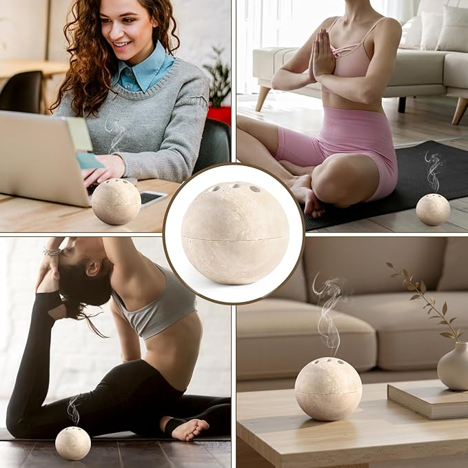 Natural Travertine Incense Burner – 4” Handmade Stone Incense Cone Holder, Minimalist Sphere Incense Burner for Home Decor, Meditation, Yoga, Spa, Relaxation (Beige)