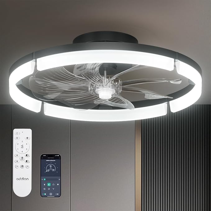 addlon Ceiling Fans with Lights and Remote, 20'' Low Profile Ceiling Fans, 3000-6000K Dimmable Modern Flush Mount LED Fan Light, Fandelier Ceiling Fan for Bedroom, Kitchen, Living Room
