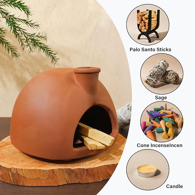 MOUGIGI Large Handmade Terracotta Palo Santo Holder - Chiminea Incense Dish with Chimney, Cone Burner for Sage, Ideal for Meditation, Zen, Yoga, Spa | Aromatherapy, Mindfulness, Altar Decor Gift
