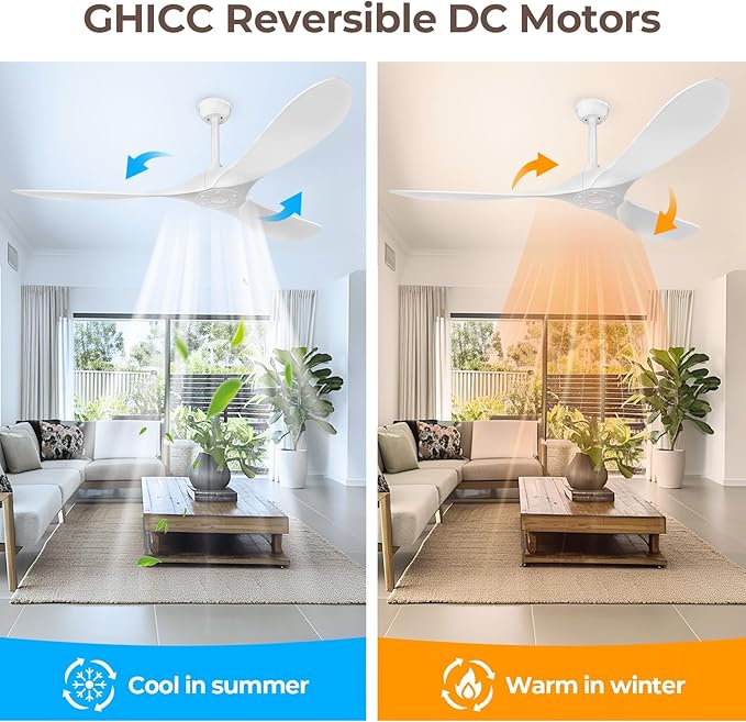 Obabala Ceiling Fan Without Lights,Outdoor Ceiling Fan with Remote, 6-Speed Adjustable Reversible DC Motor for Patio & Living Room (White, 52 in)
