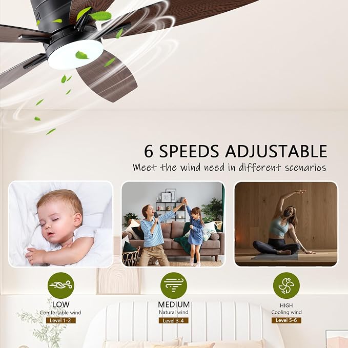 Ayaoty Ceiling Fans with Lights, 52" Low Profile Indoor Ceiling Fan with Light and Remote Control, Dimmable, Noiseless, Reversible, Brown Ceiling Fan for Bedroom, Indoor/Outdoor Use