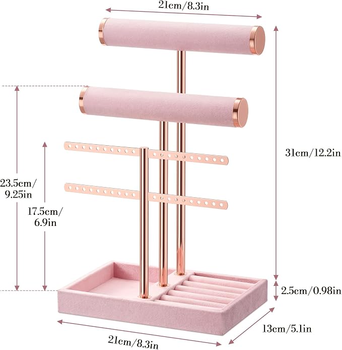 Jewelry Organizer Stand for Necklaces, Bracelets, Earrings, Rings, Pink | 3 Tier Velvet Bracelet Holder Display | Jewelry Organizers and Storage | Jewelry Tree | Jewelry Towers