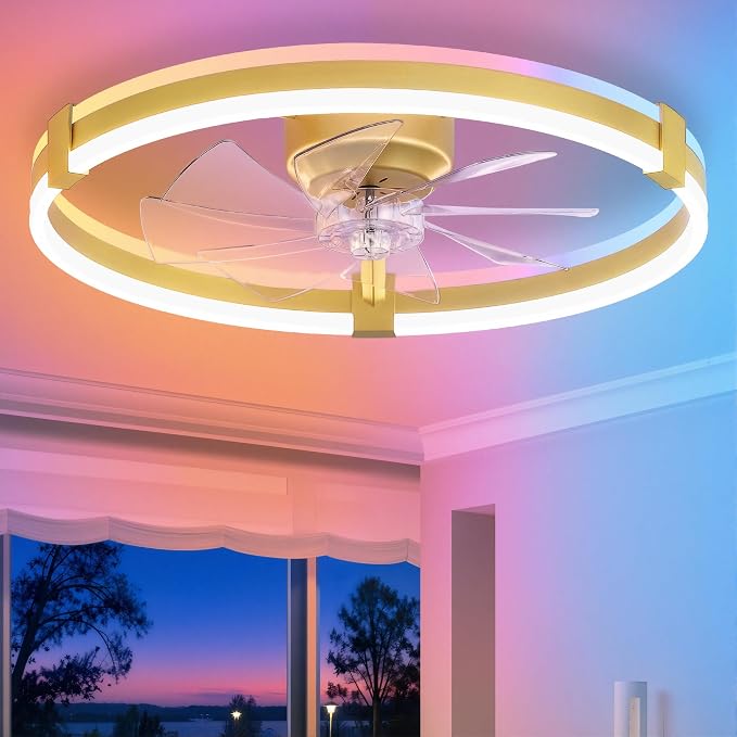 ZMISHIBO RGB Ceiling Fans with Lights and Remote, 23 inch Low Profile Ceiling Fan with Light, 3000K-6000K Dimmable & RGB, Modern Fandelier Flush Mount Ceiling Fan, Small LED Fan for Bedroom,Gold