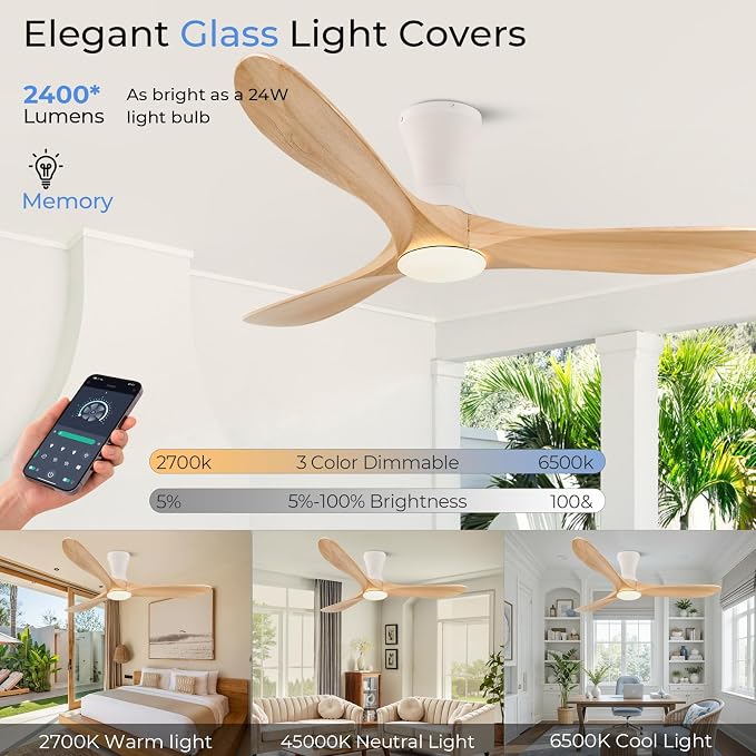 52 inch Smart Flush Mount Ceiling Fans with Lights, Low Profile Ceiling Fan with WIFI Alexa and App Remote Control, Quiet DC Motor, 3 Blades Wood Modern fan for Indoor Outdoor Bedroom Patio, Nature