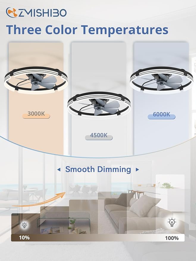 ZMISHIBO 24 Inch Low Profile Ceiling Fans with Lights and Remote, 3000K-6000K Dimmable Fandelier LED Fan Light, Flush Mount Ceiling Fan with Light, 6 Wind Speeds Ceiling Fans for Bedroom- Black