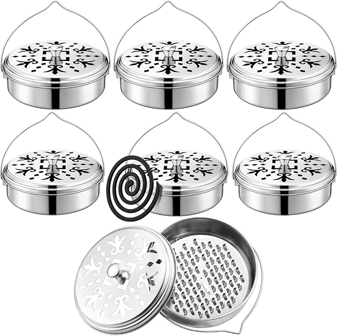 6 Pack Portable Mosquito Coil Holder Bulk with Handle Incense Coil Burner with Cover Fireproof Round Metal Mosquito Sandalwood Incense Box for Outdoor Use Patio Pool Camping Fishing