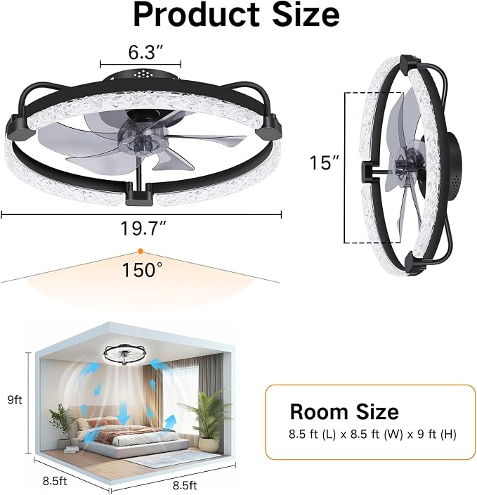 OUTON 20" Fandelier Low Profile Ceiling Fan with Light, Remote & App Control, Flush Mount Ceiling Fan with 3000K-6500K Stepless Dimmable, 6 Speed, Quiet DC Motor, Small Modern Fans for Bedroom