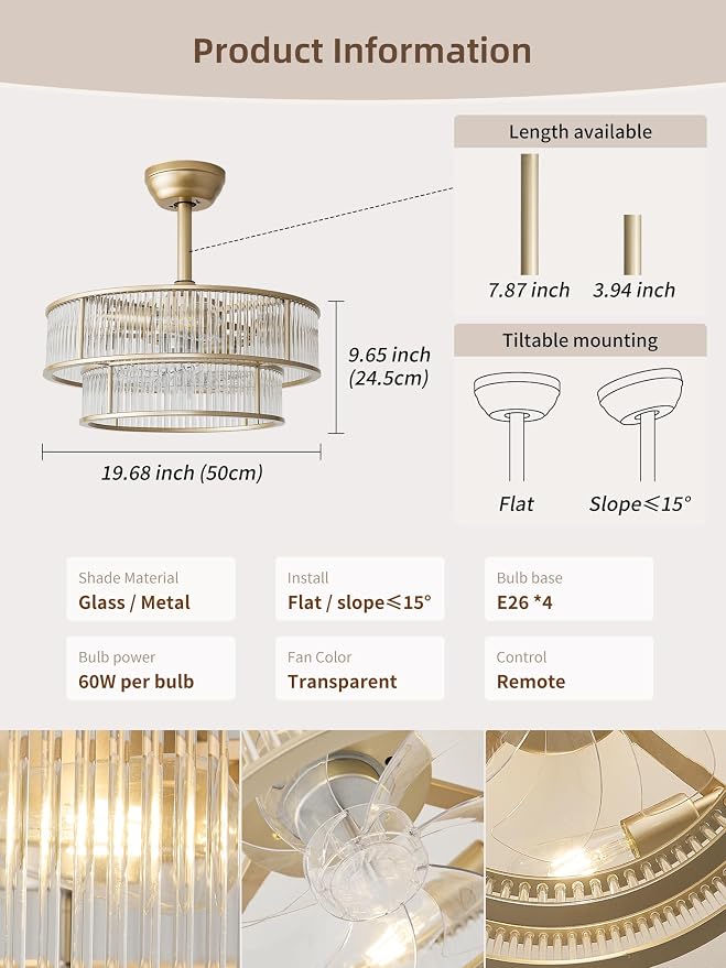 Gold Fandelier Ceiling Fans with Lights, 20" Gold Crystal Chandelier Ceiling Fan with Light Remote Control, Caged Mid Century with 6 Speeds for Bedroom, Living Room, Nursery