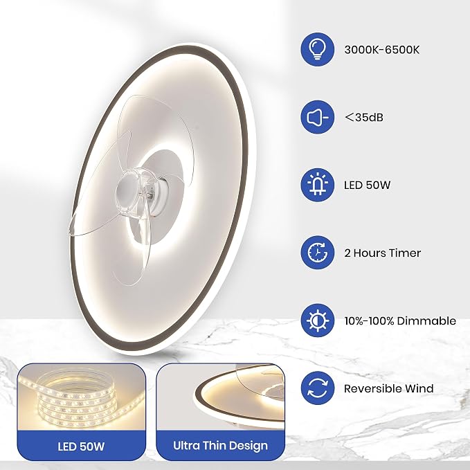 LUDOMIDE 20" Flush Mount Ceiling Fan with Lights and Remote, 6 Wind Speeds, Dimmable LED for Bedroom, Kids Room and Living Room
