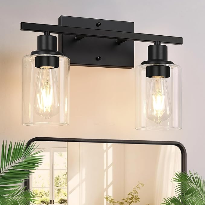 Indoi 2-Light Bathroom Light Fixtures, Matte Black Modern Vanity Lights with Clear Glass Shades, Bathroom Wall Lamp for Mirror Living Room Cabinet Bedroom Porch