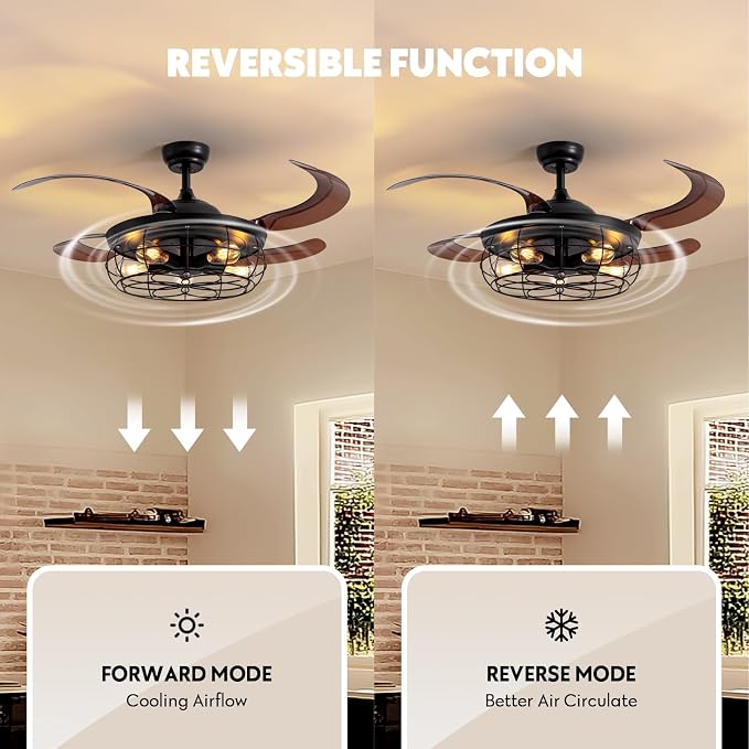48" Retractable Ceiling Fan with Lights and Remote, Rustic Fandelier Ceiling Fan Black Bladeless Industrial Ceiling Fan for Farmhouse Living Room Dining Room Bedroom Kitchen Garage