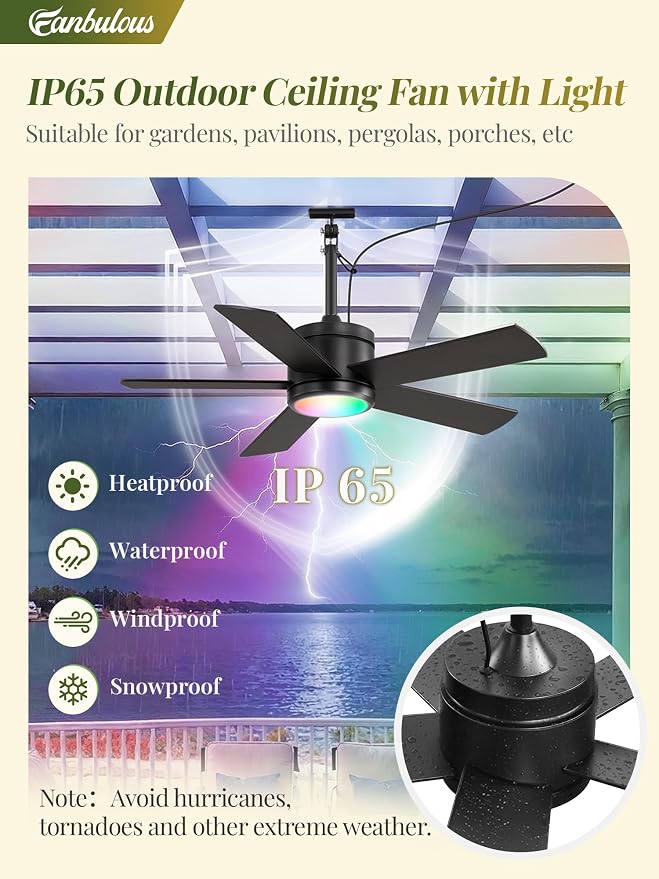 Fanbulous 42" Outdoor Ceiling Fans with Lights, APP Remote Control, IP65 Waterproof, RGB Dimmable Light, Plug-and Play,10FT Cord, 6-Speeds, 3CCT, Hook Hanging Fan for Gazebo Patio Porch Canopy(Black)