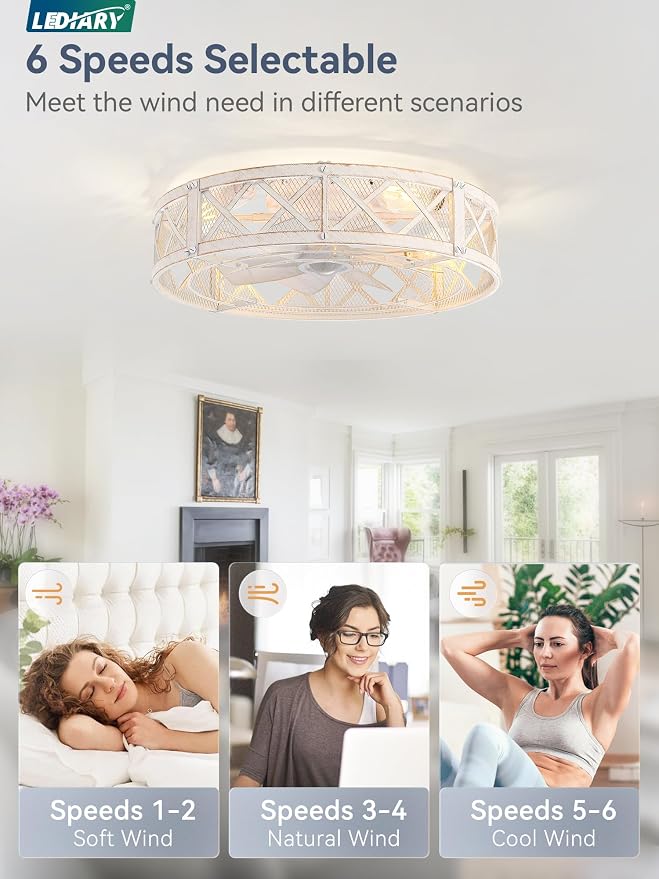 LEDIARY 23" Caged Ceiling Fan with Light, APP&Remote Control, Large Flush Mount Farmhouse Fan Lights, Low Profile Rustic Bladeless Ceiling Fan Fixtures for Bedroom, Kitchen-White Gold Color