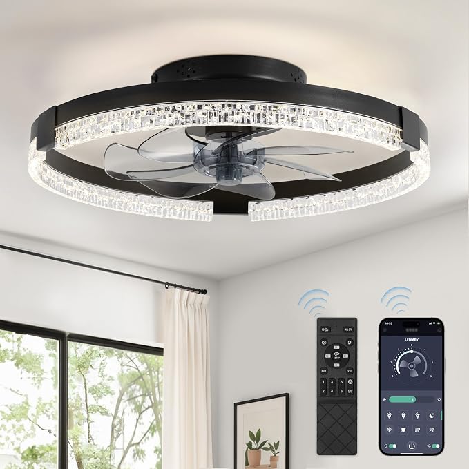 LEDIARY Ceiling Fans with Lights, Low Profile Flush Mount Ceiling Fan, Dimmable LED, APP & Remote Control, Quiet Reversible DC Motor, 6 Speeds, Fandelier for Bedroom (Black, 19.7 inch)