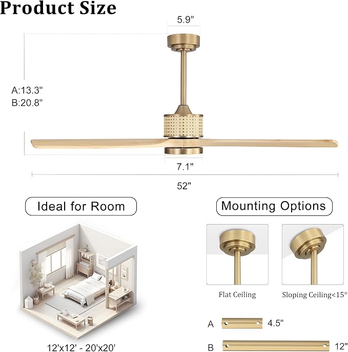 LEDLUX 52" Ceiling Fan with Light – Remote Control, Solid Wood, Quiet Reversible DC Motor, Light Oak/Gold Finish, Includes 4.5"/12" Downrods, Noiseless Ceiling Fan for Bedroom, Living Room, Porch