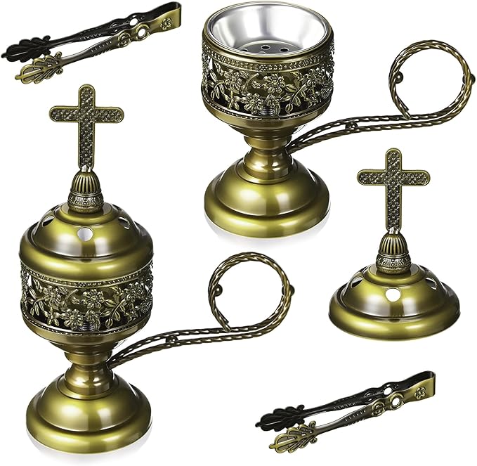 Zonon 2 Sets Incense Burner with Tong, Frankincense Charcoal Incense Stand Holder, Ideal for Yoga, Spa, Aromatherapy, Home and Christian Church Censer (Bronze,Classic)