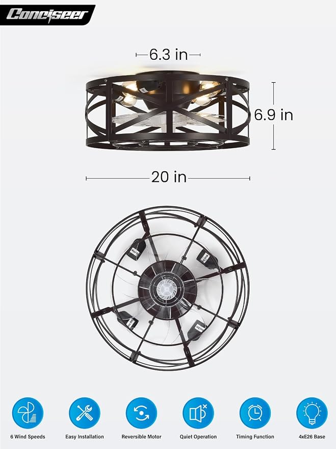Conciseer 20 Inch Caged Ceiling Fans with Lights and Remote, Flush Mount, Low Profile 7 Blades, 6 Speed Reversible Quiet DC Motor for Bedroom, Kitchen and Living Room, Brown