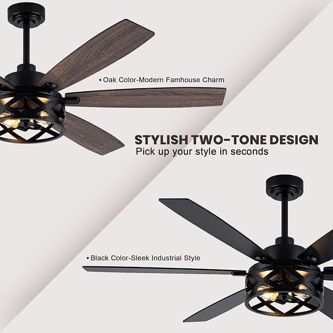 Dawn Whisper 60 Inch Farmhouse Ceiling Fans with Lights and Remote Large Black Caged Rustic Chandelier Ceiling Fan for Bedroom Living Room Quiet and Reversible DC Motor 6 Speeds