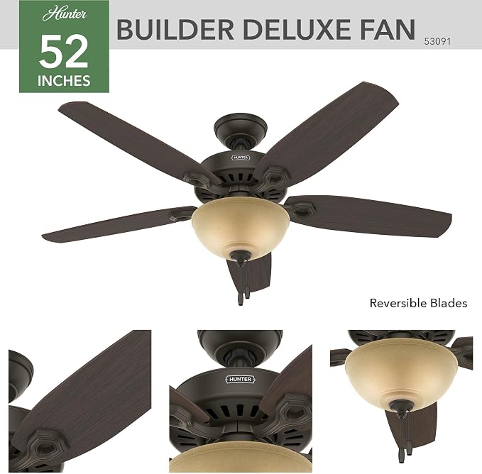Hunter Builder Deluxe, Indoor, Ceiling Fan, Pull Chain, 52 inch, New Bronze | with LED Light, Standard Mount, 5 Blades, For Bedroom, Living Room, Includes Bulbs, 53091