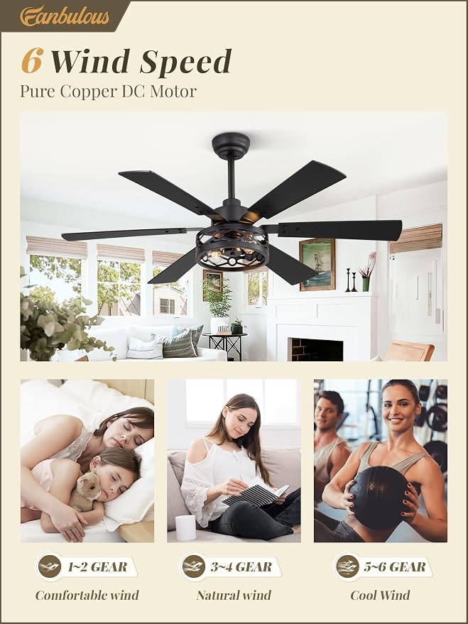 Fanbulous 50 Inch Ceiling Fan with Lights, Farmhouse Caged Ceiling Fans with Remote, Black Industrial Ceiling Fans with Quiet Reversible DC Motor, Small Ceiling Fan for Living Room, Bedroom