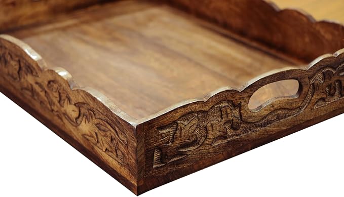 COTTON CRAFT Hand Carved Wooden Serving Tray - Breakfast Tray with Handles | Natural Finish Decorative Dinner Tray - Rustic Intricately Detailed Unique Furnishing Accent - Food Tray - 17x13x2.5 Inches
