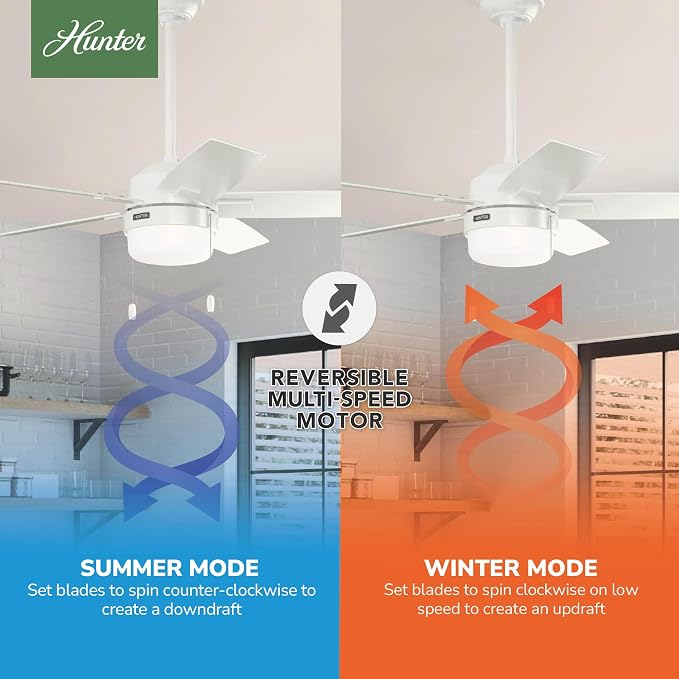 Hunter 44 inch Indoor Ceiling Fan with LED Light - White Ceiling Fan with Pull Chain, for Bedroom or Living Room, Standard Mount, No Remote, 5 Blades, Includes Bulbs - Anisten 52488, Fresh White | Standard Mount, Pull Chain, 5 Blades, For Bedroom, Livi...