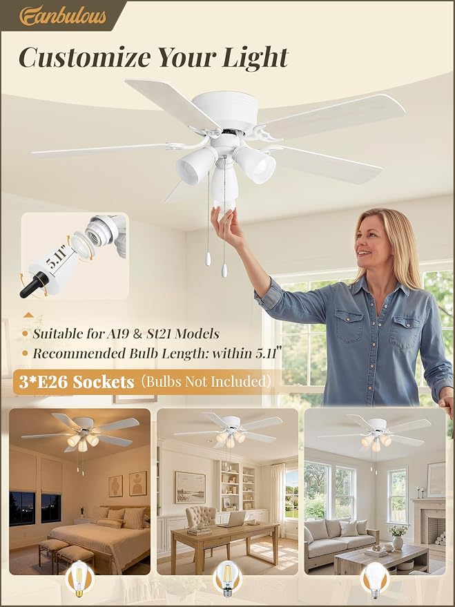 Fanbulous 52" Modern Ceiling Fan with 3 Lights, Remote & Pull Chain Control | DC Quiet Motor, 6-Speed Timer, Shatterproof PP Shades, Low Profile Flush Mount for Bedroom, Living Room, Kitchen, White