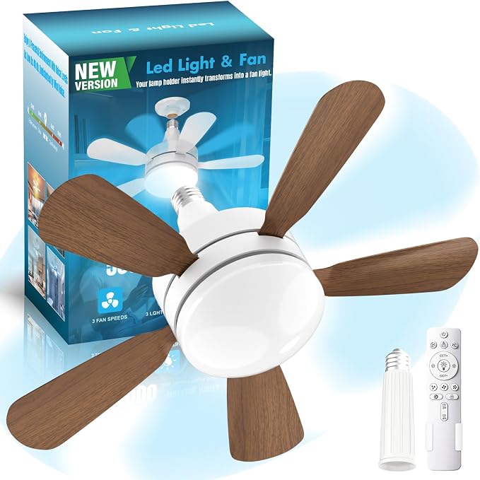 17.7" Socket Fan Light, E26/E27 Light Bulb Fan with Reversible Motor, 3000 Lumens Small Ceiling Fans with Lights and Remote, Dimmable 3000K-6500K for Bedroom Kitchen Living Room Garage