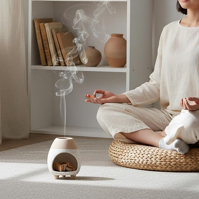 Palo Santo Holder Burner, Handcrafted Ceramic Incense Holder Burner and Ash Catcher for Palo Santo Sticks or sage Bundles, Smudge Bowl, Meditation Home Decor (White Yellow)