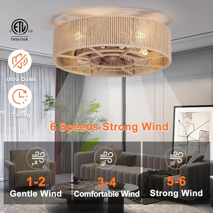 SHLUCE 18" Boho Caged Ceiling Fan with Light, Fandelier Flush Mount Ceiling Fan with Light, Small Low Profile Bladeless Ceiling Fans with Lights and Remote for Bedroom, Living Room, Rattan - ETL