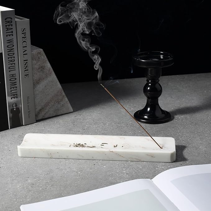 Koville Marble Incense Holder, Incense Holder for Sticks, Incense Sticks Holder Ash Catcher for Meditation Yoga SPA, Natural Stone Incense Burner, Home Table Decor (White&Gold)